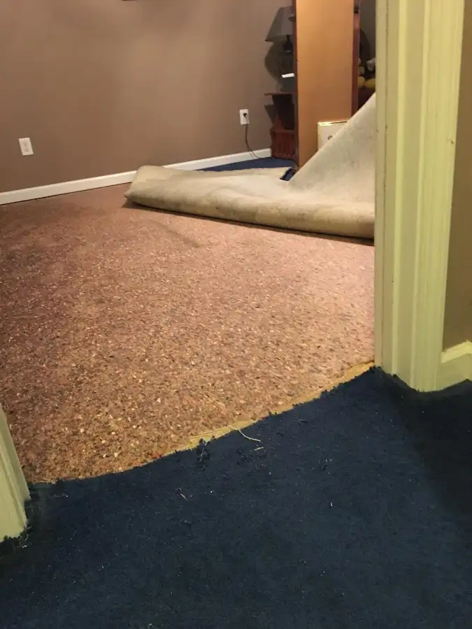 Carpet pad removal revealing water damage during Water Mitigation Services in Waller